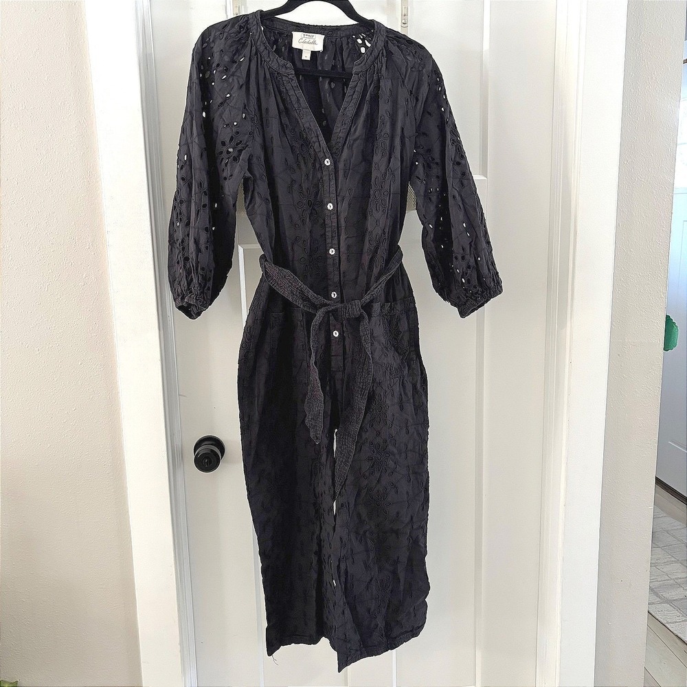 Cleobella Penelope Eyelet Jumpsuit Black Button Front Belted Size Medium Boho